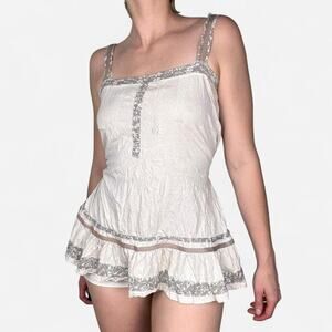 Cream grey longline tank top tunic lace details with waist cinching bow